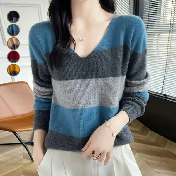 【全5色】セーターVネック切り替え長袖配色ボーダーニット｜心地よい