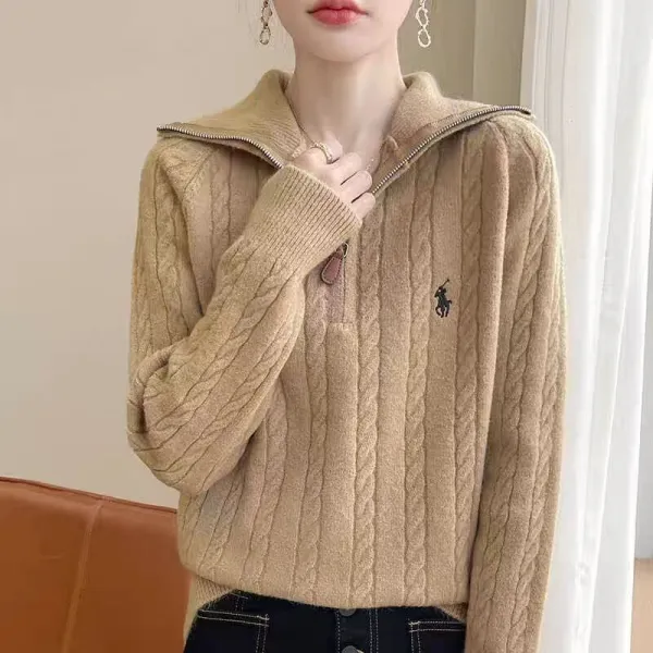 絶対欲しいファスナーハーフネックハーフジップ長袖無地カジュアルニット・セーター