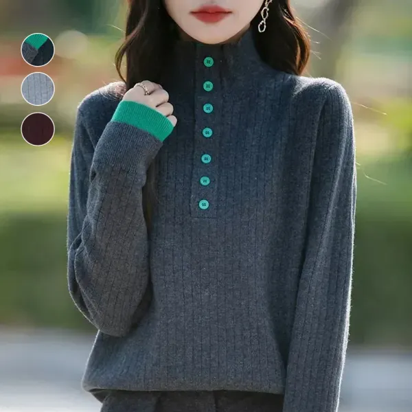 【全3色】ニットセーターハイネックボタン無地長袖韓国系