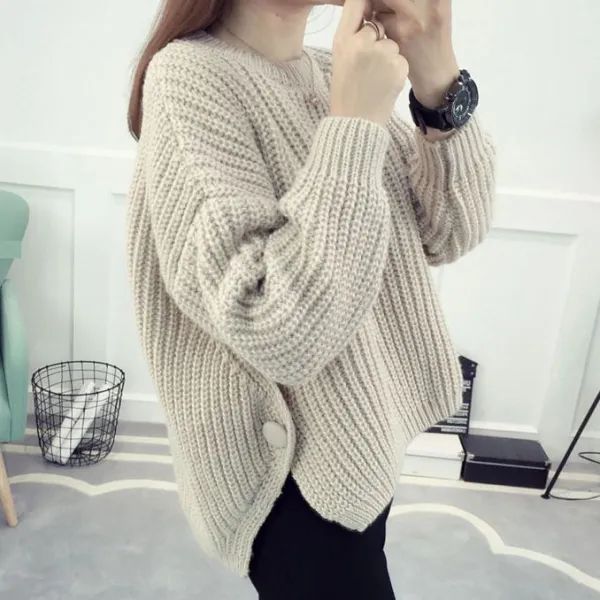 『今売れてます!』 ボタン ラウンドネック 無地 長袖 スリット シンプル ニットセーター