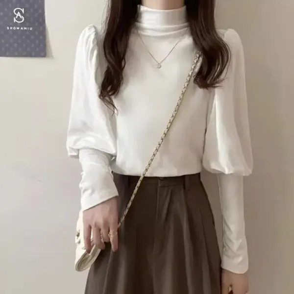 流行の予感 パフスリーブ ハーフネック 長袖 無地 ショート丈 カジュアル セーター