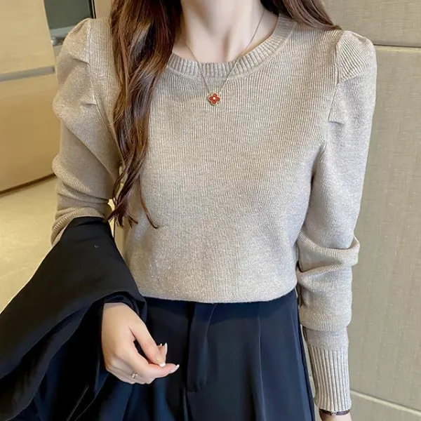 今季人気 長袖 無地 切り替え ラウンドネック パフスリーブ ファッション ニットセーター