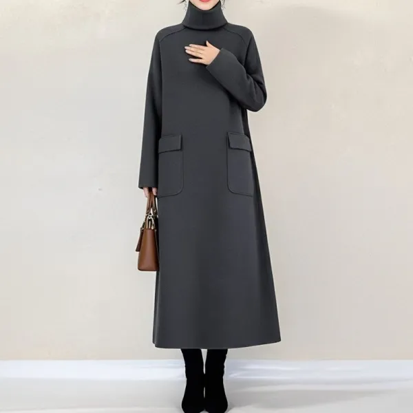 着回し力抜群 Aライン ハイネック 無地 長袖 ポケット付き カジュアル ロング ワンピース