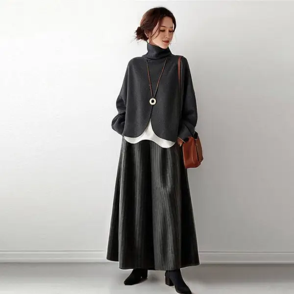 単品可2点セット｜長袖ハイネックスウェット+ガウチョパンツストライプ柄｜人気爆発