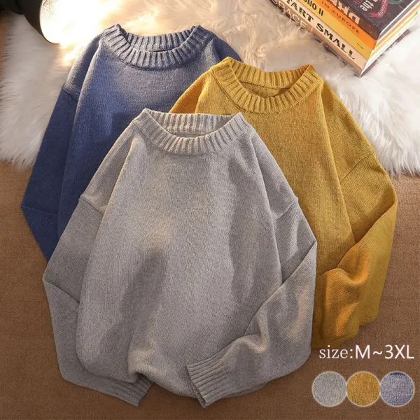 レディース合わせやすい無地ラウンドネック長袖ファッションニット・セーター