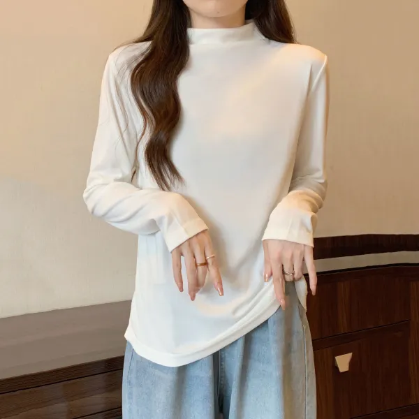 Basic日常簡約大流行新作気質アップハーフネックレディースナチュラル無地Tシャツ