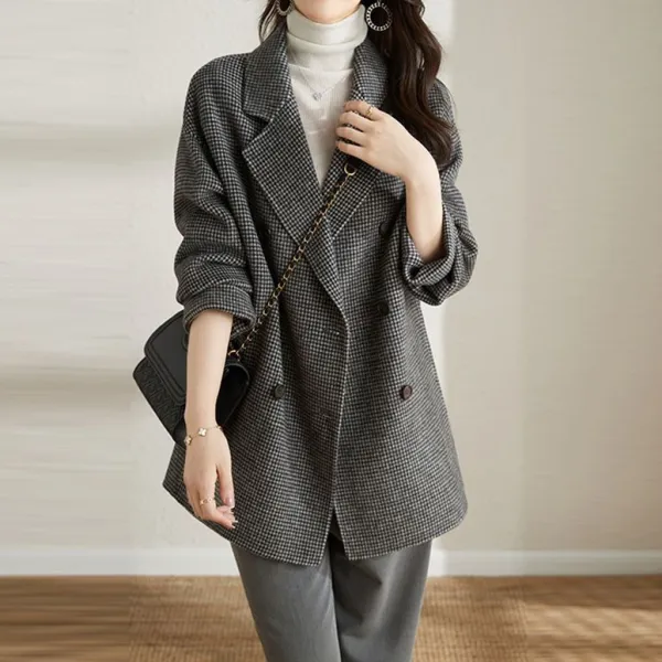 大人女子必見!長袖ボタン折り襟千鳥格子ダブルブレストファッションコート