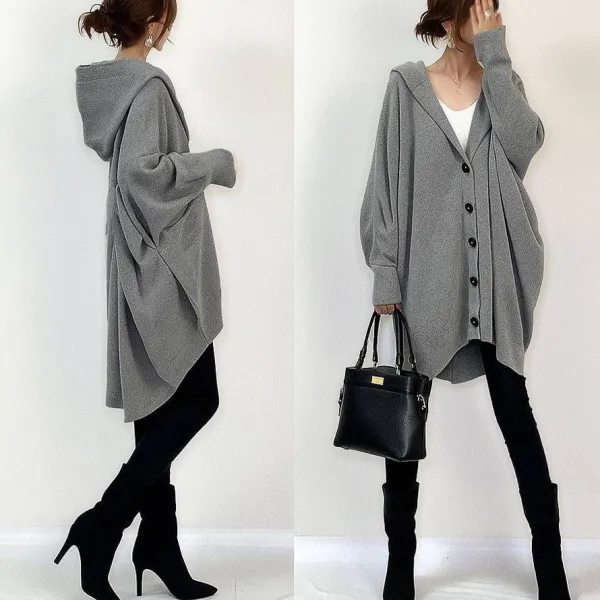カーディガンフード付き無地中長ボタン長袖｜ファッション感満々