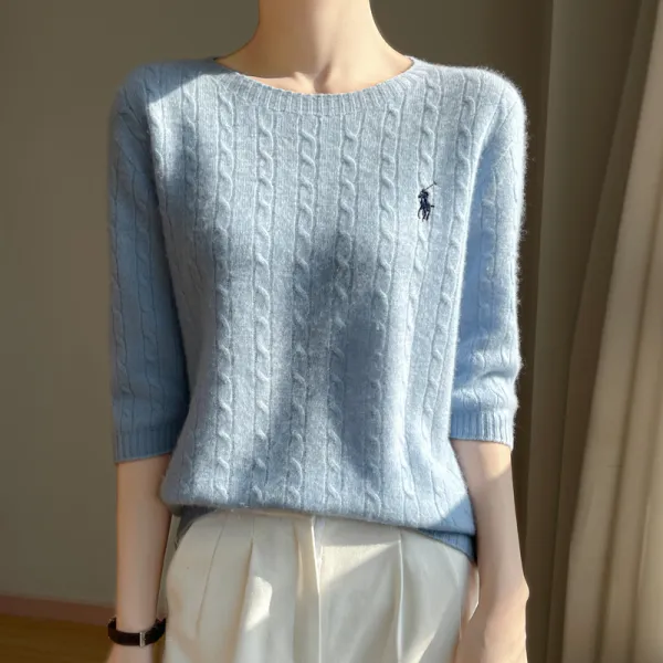 Tシャツ  ベージュ  ニット  半袖  クルーネック  春秋  デザイン  ツイスト模様  新作  刺繍  デザイン性  ニッチ  レディース