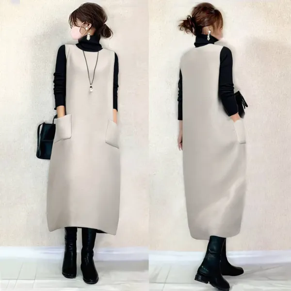 新品殺到中 ノースリーブ ラウンドネック 無地 秋冬 ポケット付き ワンピース