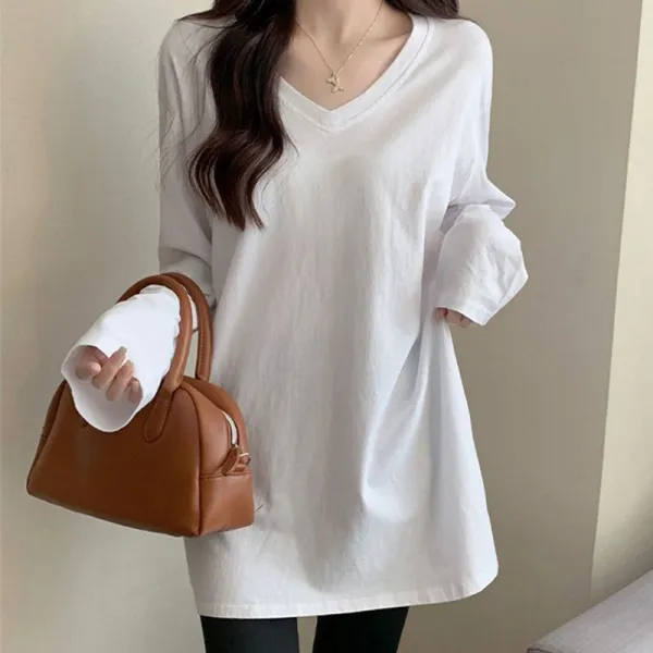 着回し自在！ 無地 お家コーデ ショート丈 長袖 Vネック シンプル Tシャツ