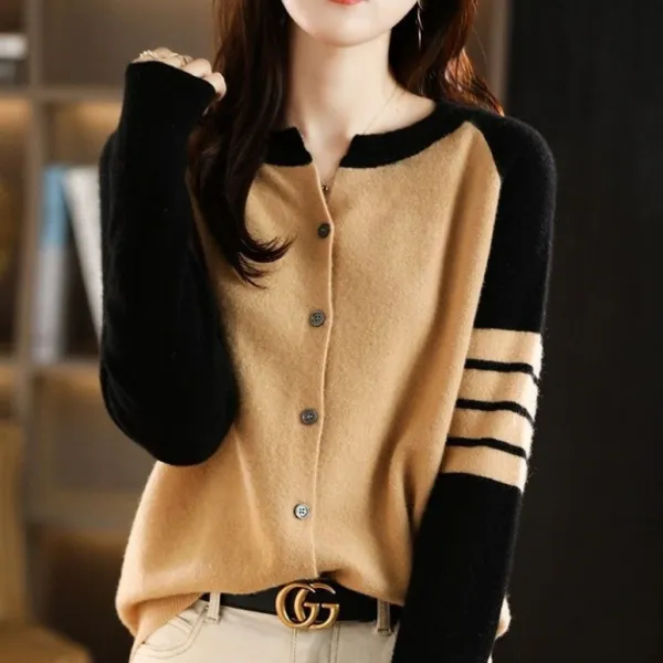 大人可愛い シングルブレスト ラウンドネック 配色 切り替え 長袖 シンプル ニットセーター