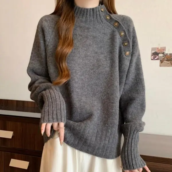 SNSで話題沸騰 長袖 伸縮性あり ボタン ハーフネック 無地 カジュアル ニットセーター