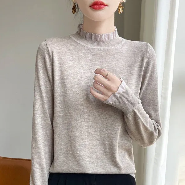 SNSで話題沸騰 長袖 切り替え 無地 スタンドネック レース シンプル ニットセーター