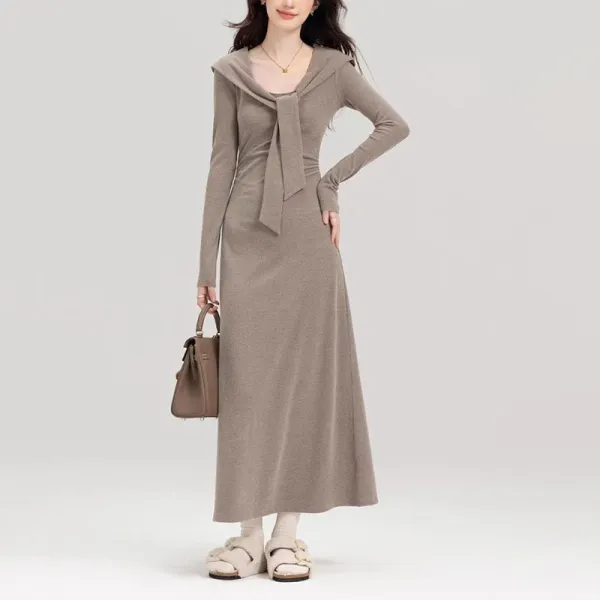 ワンピース  長袖  ロング  秋  春秋  デザイン  レイジー風  高級  新作  フレンチスタイル  デザイン性  レディース  高級感