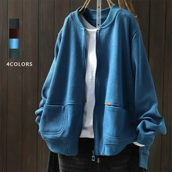 5カラー展開 人気を獲得  カジュアル 無地 ゆったり 長袖 森ガール 切り替え ラウンドネック ジッパージャケット ブラック 黑 グレー ブルー 青 グリーン