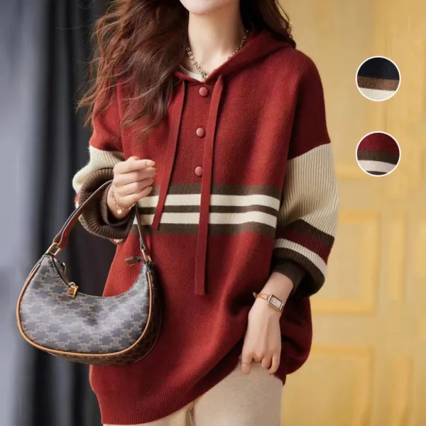 【全2色】ニットセーター配色フード付き長袖｜快適ゆったり通勤