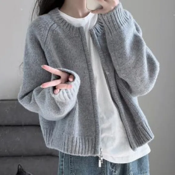 着回し力抜群 シンプル ジッパー ラウンドネック 無地 ニット カーディガン グレー