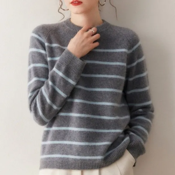 トレンドを先取り♪ 長袖 ラウンドネック ボーダー 配色 ファッション ニットセーター