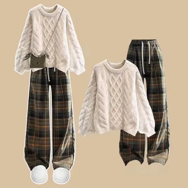 レディース カジュアル ニットセーター+ ハイウエスト スリム チェック柄 ワイドレッグパンツ 2点セット