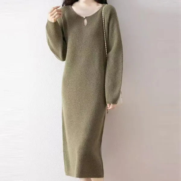 無地  ワンピース  ニット  ニットトップス  スリムに見える  ゆったり  クルーネック  春秋  普通  気質  インナー  新作  レディース  ミディ丈 / ミディアム丈  洗練された