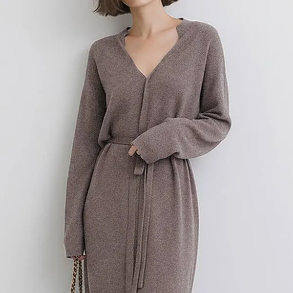 大流行新作 長袖 ボウタイ ストレート Vネック 無地 シンプル カジュアルワンピース