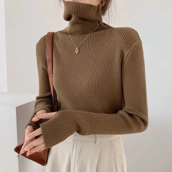 蓄熱保温カジュアルハイネックプルオーバー無地ニット・セーター
