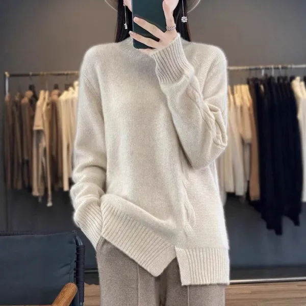 大人可愛い長袖無地ハイネックハーフネック伸縮性あり韓国系ニット・セーター
