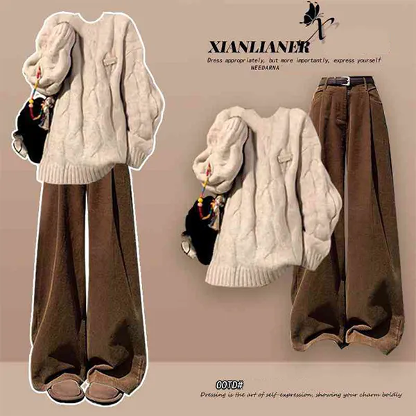 単品注文可カジュアル長袖プルオーバーニットセーター+ハイウエストパンツ