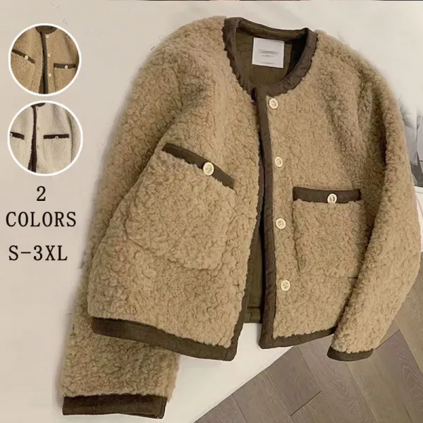 欠かせないシンプル防寒ラウンドネックポケット付きシングルブレストラムウール秋冬ジャケット