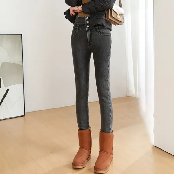 弾性のあるシンプルファッションハイウエストボタン無地スキニーデニムパンツ