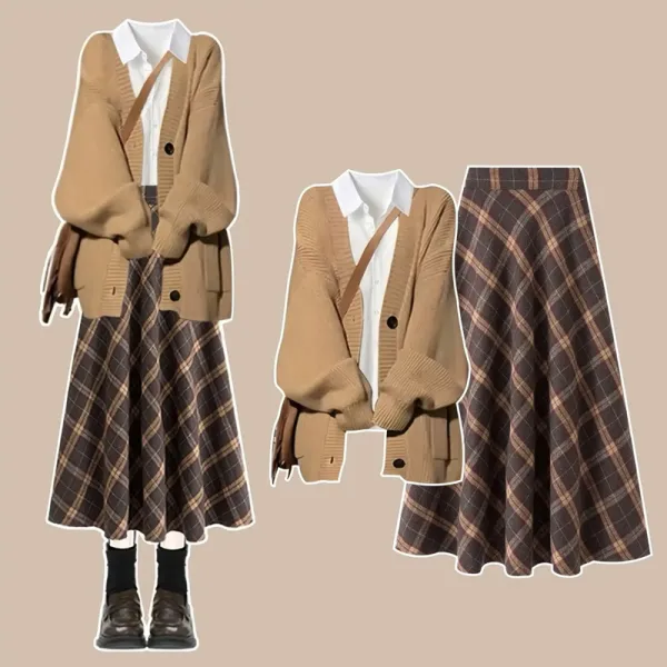 【単品注文】セットアップ 売り切れ必至 韓国系 Vネックカーディガン+ 長袖 シャツ +Aライン チェック柄 スカート
