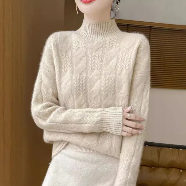 無地  ベージュ  ニット  ニット / セーター  ニットトップス  スリムに見える  ゆったり  タートルネック  プルオーバー  ツイスト模様  インナー  新作  レディース  洗練された