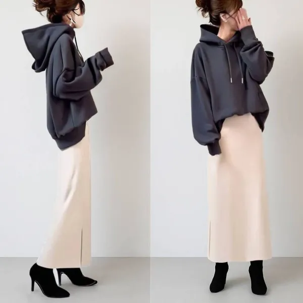 大人女子必見!無地プルオーバー長袖ストレートフード付きシンプルトップス+スカートセットアップ