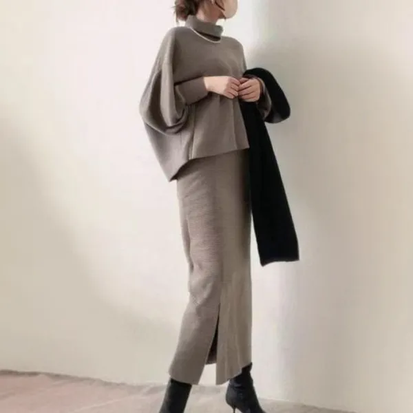 【2点セット】スカート  ニット / セーター  長袖  折り襟  ストレート  新作