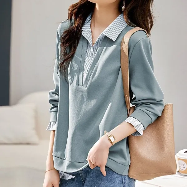 シャツ  パーカー  切り替え  ストライプ柄  カジュアル  スタイリッシュ  スリムに見える  どんなスタイルにも合う  秋  フェイクレイヤード  新作  おしゃれ / ファッション  レディース  バイカラー