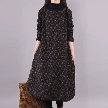 ワンピース  花柄  裏起毛  ゆったり  タートルネック  韓国風  普通  新作  2025  レディース  ミディ丈 / ミディアム丈  大きめサイズ