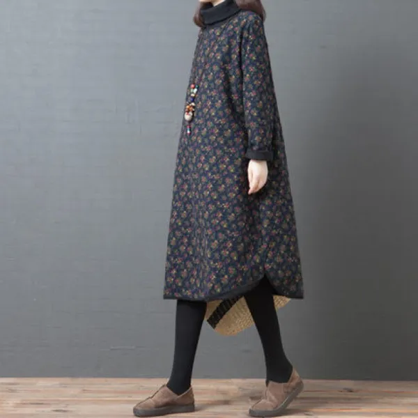 ワンピース  花柄  裏起毛  ゆったり  タートルネック  韓国風  普通  新作  レディース  ミディ丈 / ミディアム丈  大きめサイズ