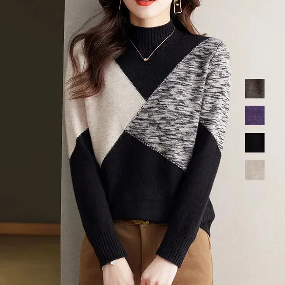 【全4色】プルオーバー 配色 ハーフネック 長袖 切り替え 忘年会 カジュアル ニットセーター