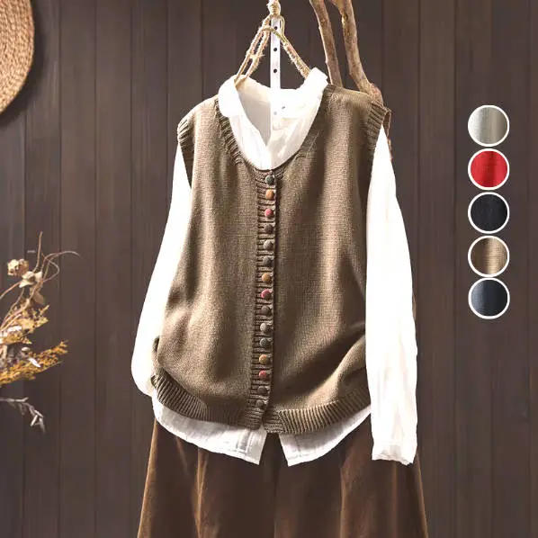 【全5色】ベストノースリーブニットボタンラウンドネック｜冷え対策