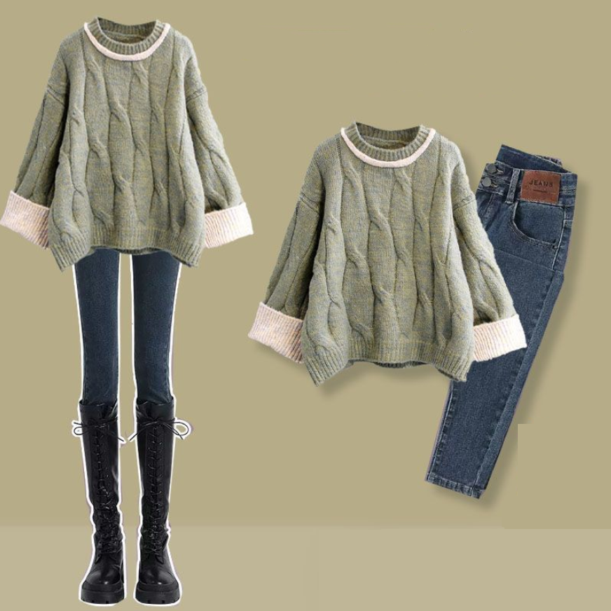 グリーン/ニット.セーター+ブルー/パンツ