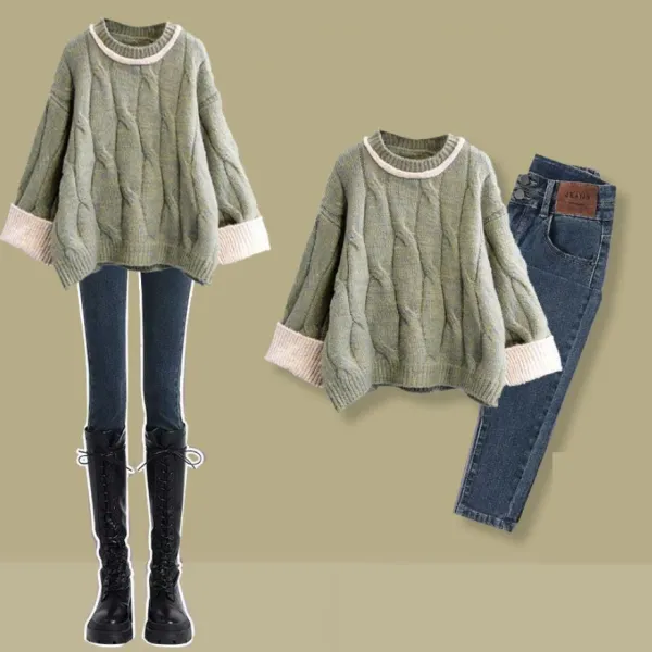 秋冬新作人気沸騰每日更新配色ハイウエスト切り替えセーター+パンツセットアップ