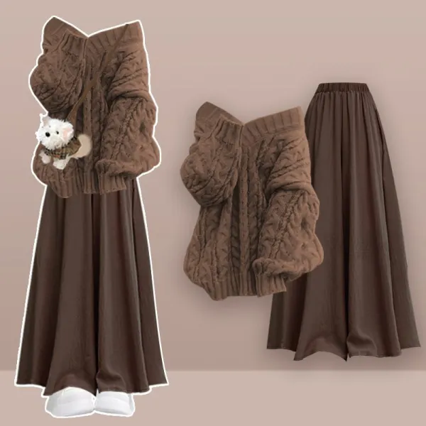 単品可二点セット|無地平日長袖AラインVネックシンプルトップス+スカート