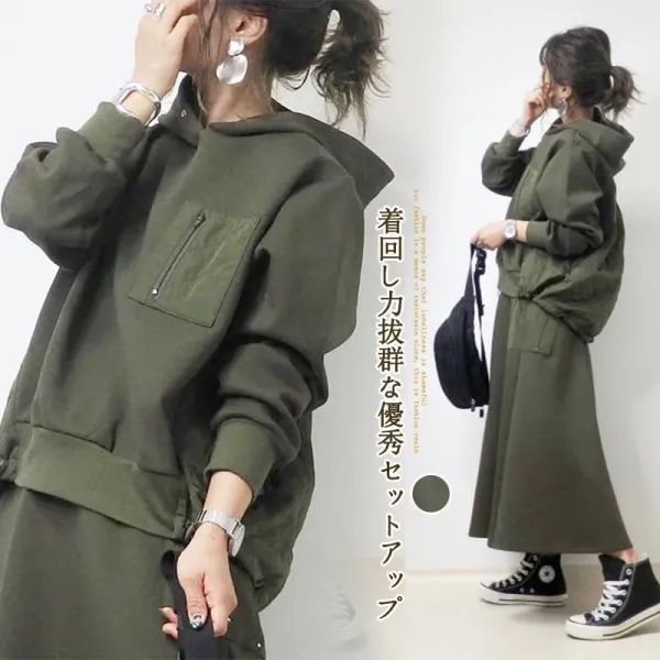 秋冬新作プルオーバー長袖切り替えスウェットシャツ＋ゴムウエストAラインスカートの2点セット