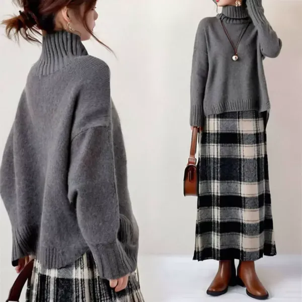 グレー  プリント  ニット / セーター  ゆったり  タートルネック  秋  ストレート  新作  2025  日本風  【2点セット】