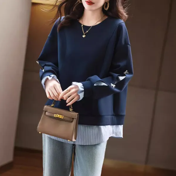 パーカー  切り替え  ストライプ柄  ゆったり  秋  フェイクレイヤード  新作  2025  レディース  大きめサイズ