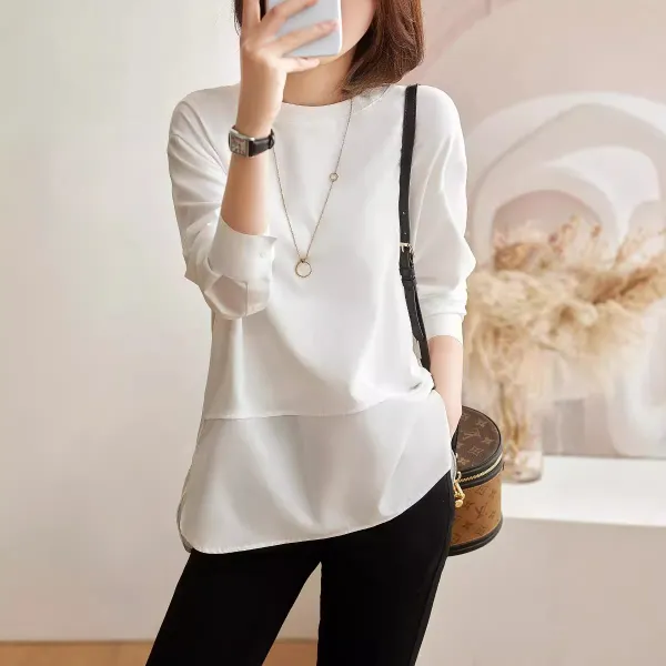 Tシャツ  シャツ  切り替え  カジュアル  ホワイト  長袖  ゆったり  秋  デザイン  新作  2025  デザイン性  レディース