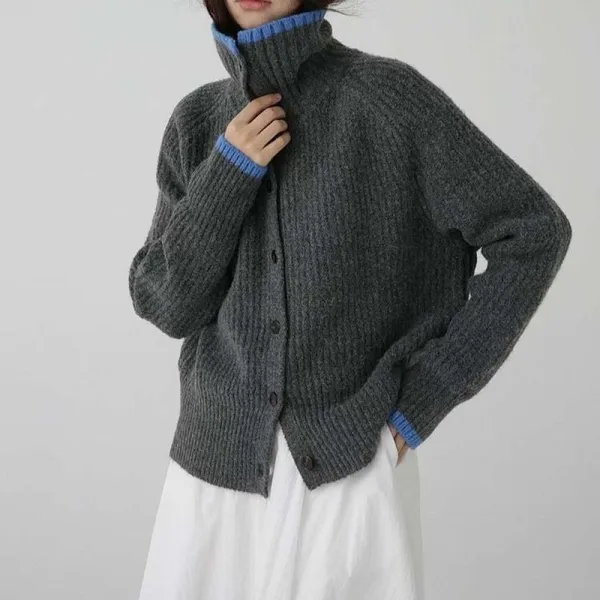 新品登場☆オススメ ボタン 長袖 無地 ハイネック 折り襟 シンプル カーディガン