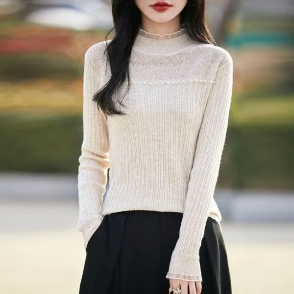 着回し力抜群 スタンドネック レース 長袖 無地 ビーズ ファッション ニットセーター