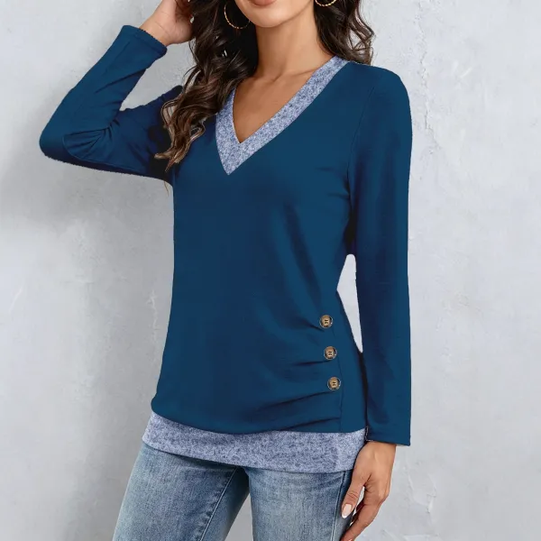 毎日モテ続けちゃう！ 長袖 ボタン Vネック 切り替え 配色 カジュアル Tシャツ